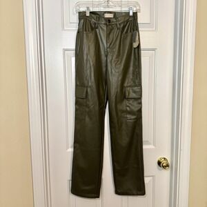 Altar'd State Womens Faux Leather Cargo Green Pants Wide leg Leg pockets Sz 1/25